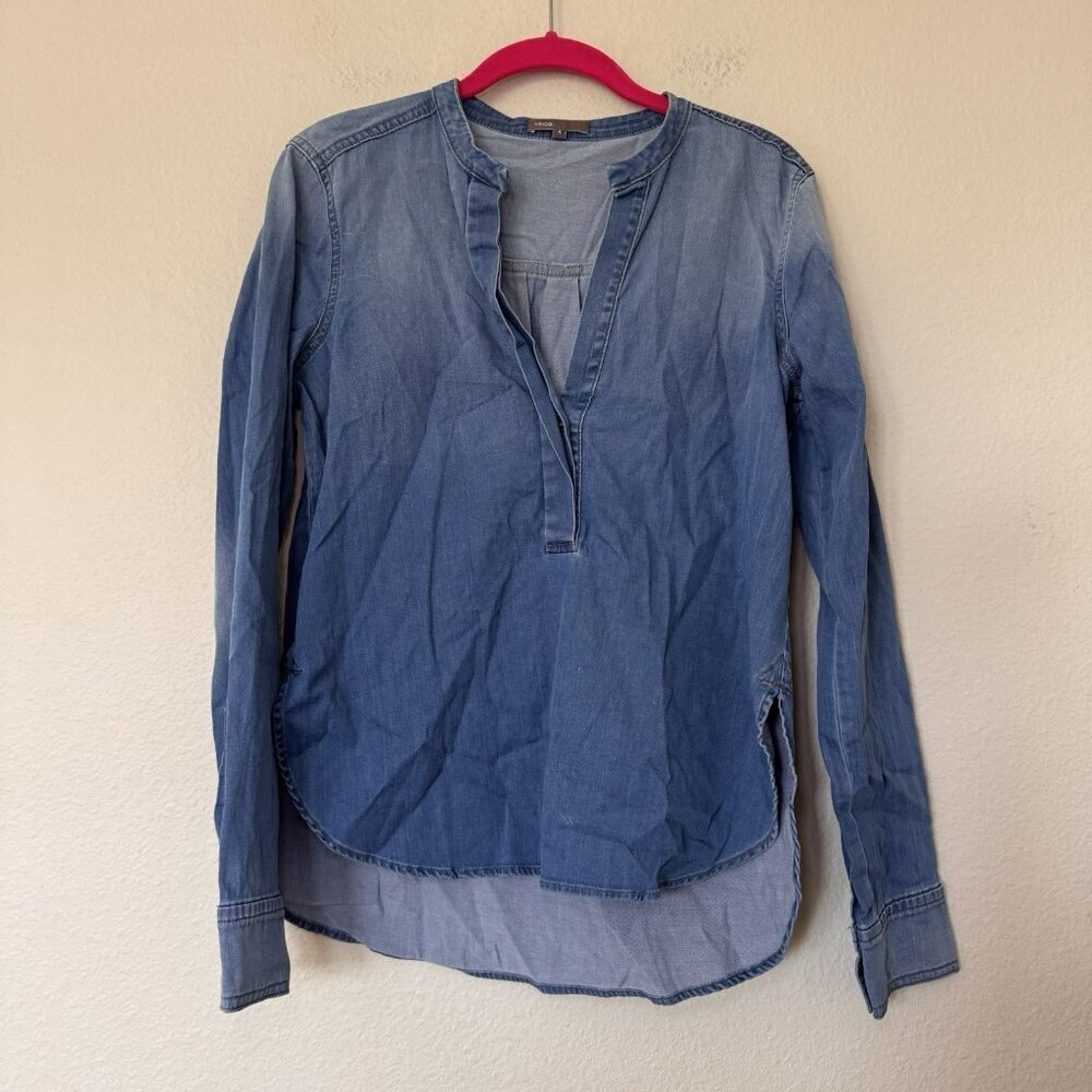 Vince Chambray Shirt Size 4 Lightweight Ombre Popover Blue Denim Curved Hem